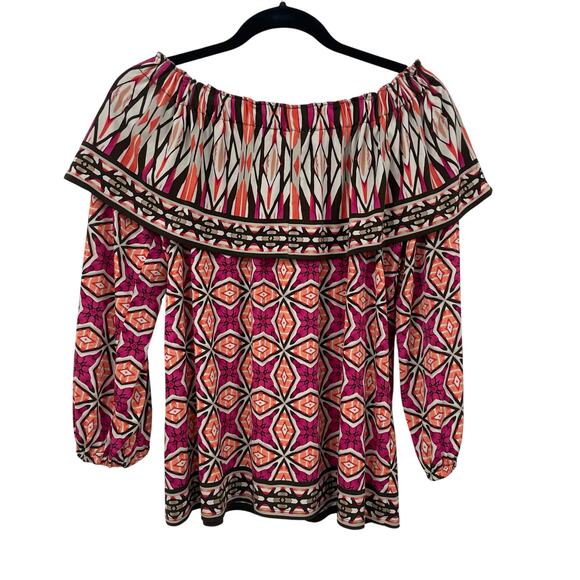 Chico's Off the Shoulder Pink Orange Geo Print Top Womens 12 - Picture 2 of 7